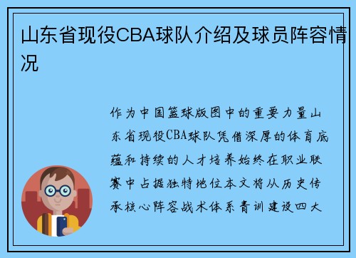 山东省现役CBA球队介绍及球员阵容情况